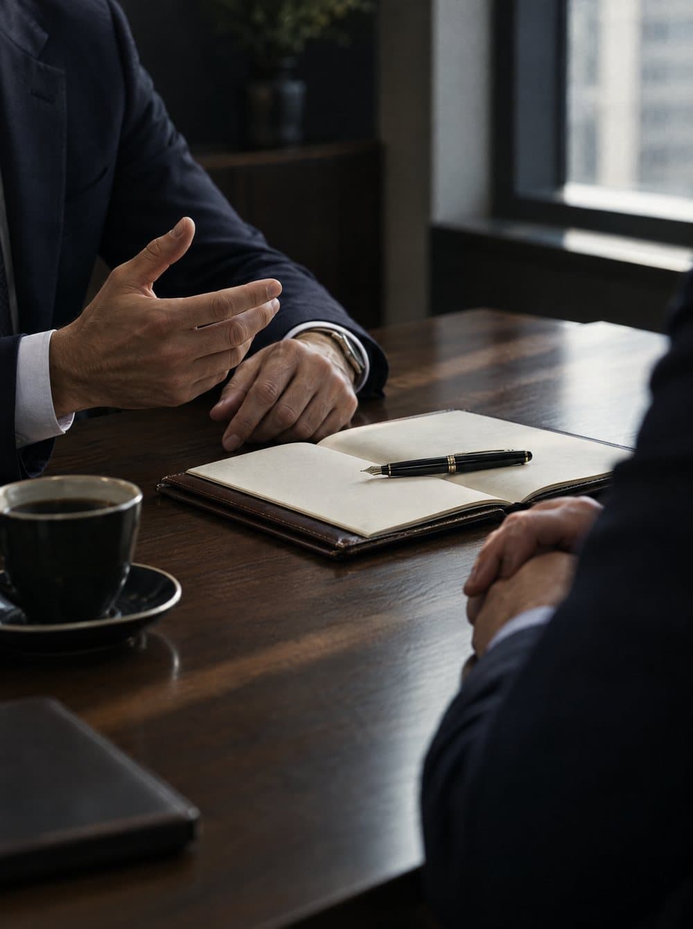Two executives in conversation across a table with an open notebook